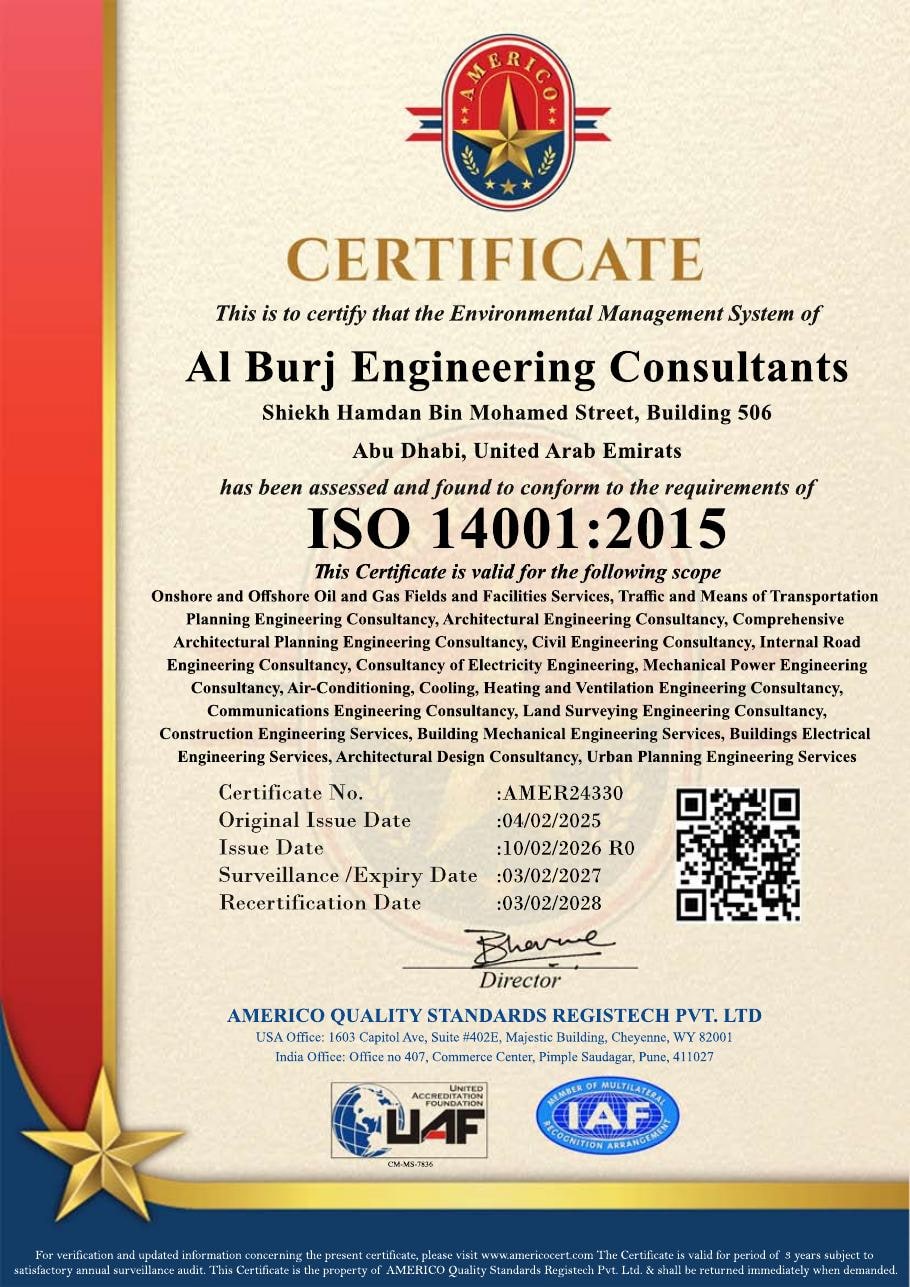 ISO 14001:2015 certificate — Al Burj Engineering Consultants, Abu Dhabi