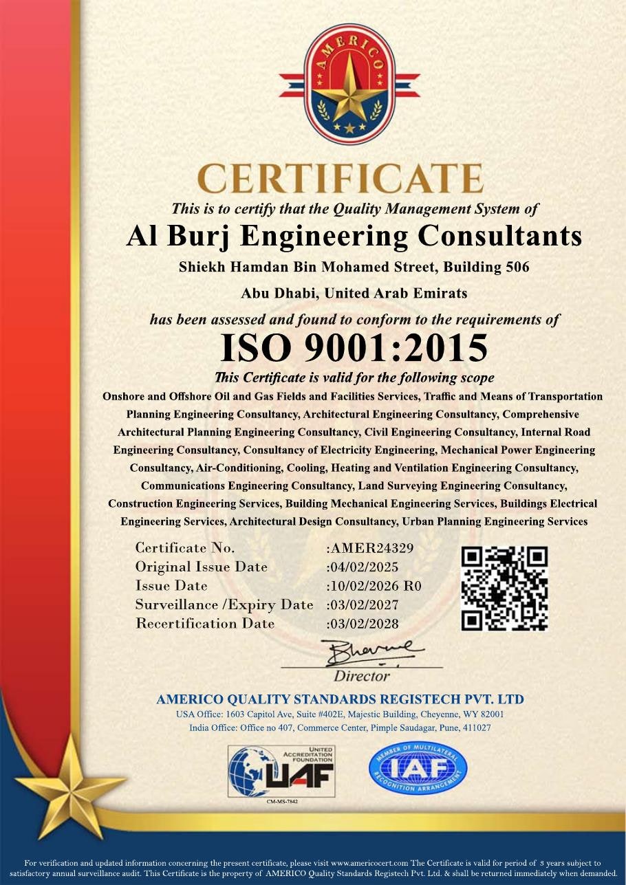 ISO 9001:2015 certificate — Al Burj Engineering Consultants, Abu Dhabi
